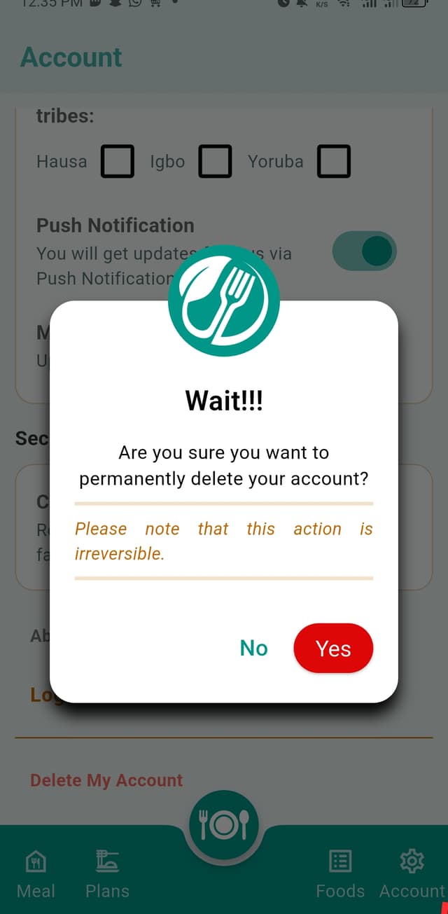 Delete account button